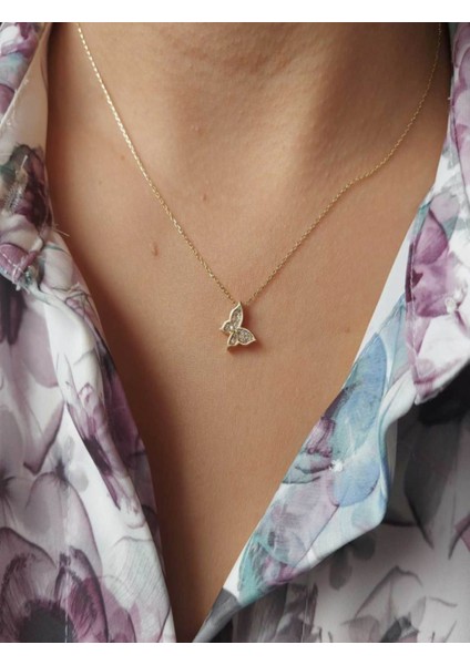 14 Ayar Kelebek Model Taşlı Altın Kolye 1.70 Gram 45CM Hayalet Zincir