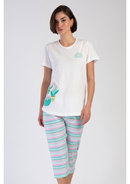 Pamuklu Kadın Kısa Kol Kaprili Pijama Takım , 312046