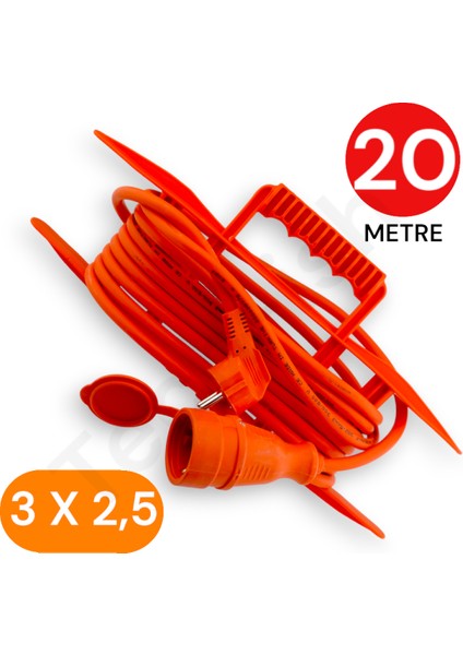 20 Metre Uzatma Kablosu 3x2,5 mm Ttr Bakır Kablo Erkek Fiş-Dişi Fiş Baskılı