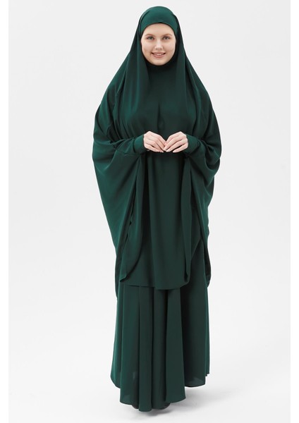 Kadın Tesettür Medine Ipeği Çarşaf Takımı Peçeli Sufle ve Etek-Zümrüt Yeşili-L/XL