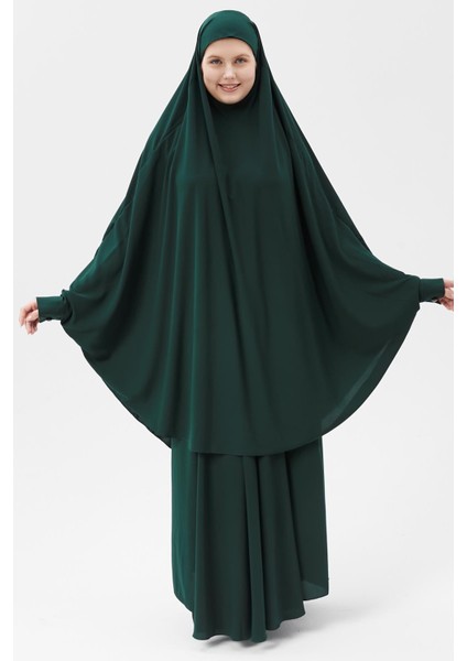 Kadın Tesettür Medine Ipeği Çarşaf Takımı Peçeli Sufle ve Etek-Zümrüt Yeşili-L/XL indirimleri