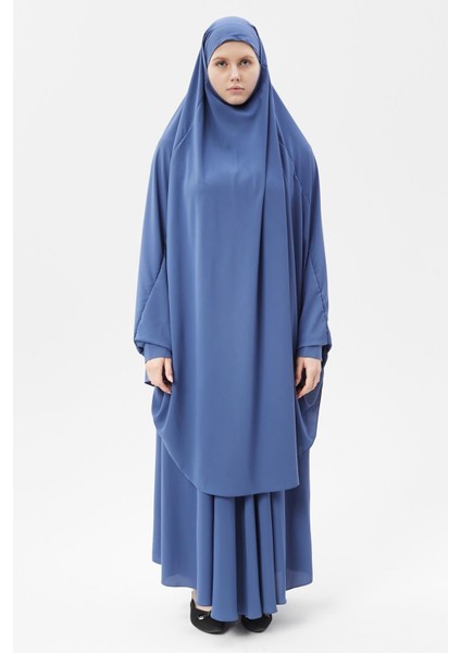 Kadın Tesettür Medine Ipeği Çarşaf Takımı Peçeli Sufle ve Etek-Koyu Kot-L/XL