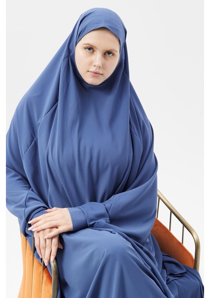 Kadın Tesettür Medine Ipeği Çarşaf Takımı Peçeli Sufle ve Etek-Koyu Kot-L/XL modelleri