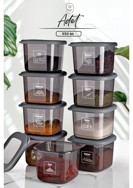 Kitchen Life Avantajlı 9'lu Antrasit Etiketli Boly Kare Saklama Kabı Seti 550ML - Çoklu Set Yapılabilen Set Erzak Kavanoz