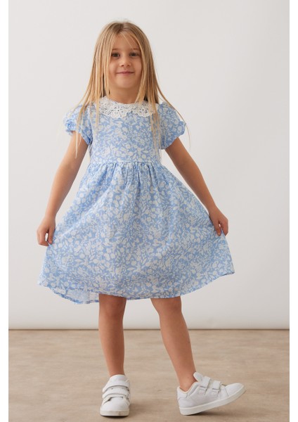 Kız Yaka Detaylı Vual Kumaş Elbise