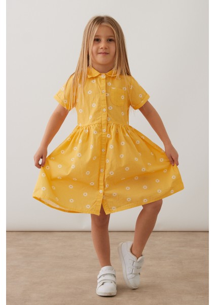 Kız Papatya Desenli Poplin Elbise
