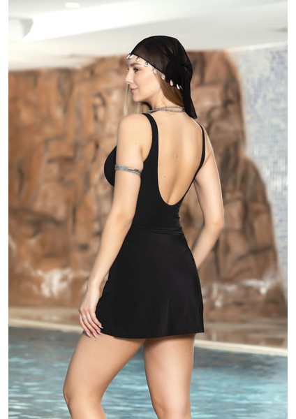 Kadın Siyah Sabit Askılı Çıkartılabilir Kap Büzgülü Eteklı Şortlu Elbise Mayo HZL24S-AR1906 fiyatları