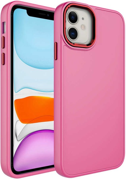 Apple iPhone 11 - Uyumlu Metal Çerçeve ve Buton Tasarımlı Silikon Luna Kapak-Pembe