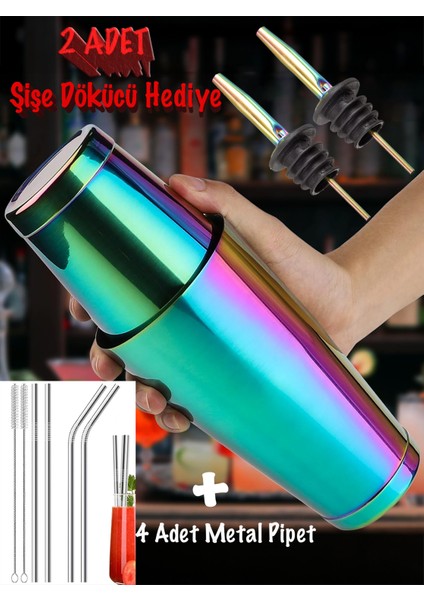 Rainbow Renkli 850ML Boston Shaker +Jigger+2 Şişe Dökücü+4 Adet Metal Pipet