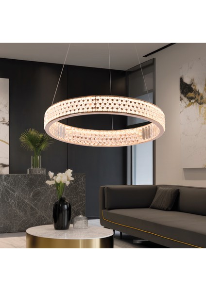 Yoko 60'lık Yuvarlak Gold Kaplamalı 64 Watt LED Sarkıt Modern Tasarım Mutfak Salon 3 Renk Ledli Avize