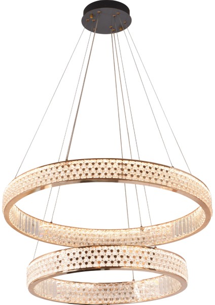 Yoko 2 Katlı Yuvarlak Gold Kaplamalı 112 Watt LED Sarkıt Modern Tasarım Mutfak Salon 3 Renk Ledli Avize