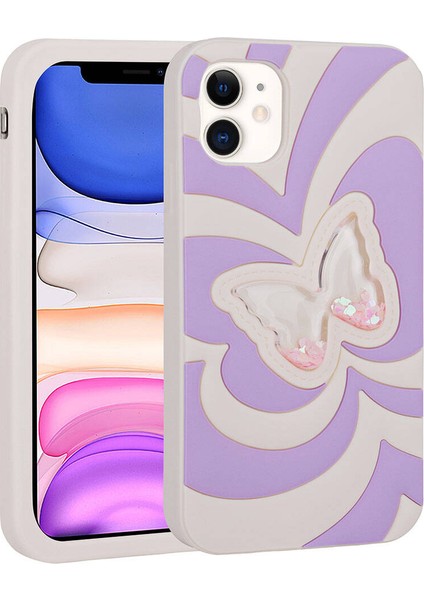 Apple iPhone 11 - Uyumlu Sıvılı Simli Kelebekli Tasarım Vodena Kapak-Lila