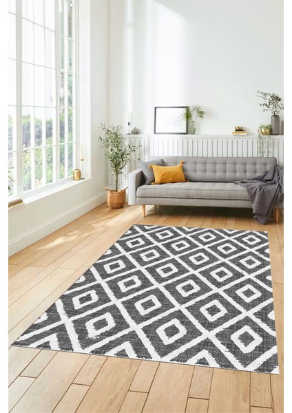 Sade Baklava Desen Motifli Kaymaz Taban Yıkanabilir Yolluk Salon Halısı, Sade-27-Gri,