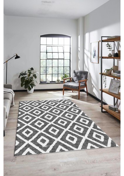 Sade Baklava Desen Motifli Kaymaz Taban Yıkanabilir Yolluk Salon Halısı, Sade-27-Gri,