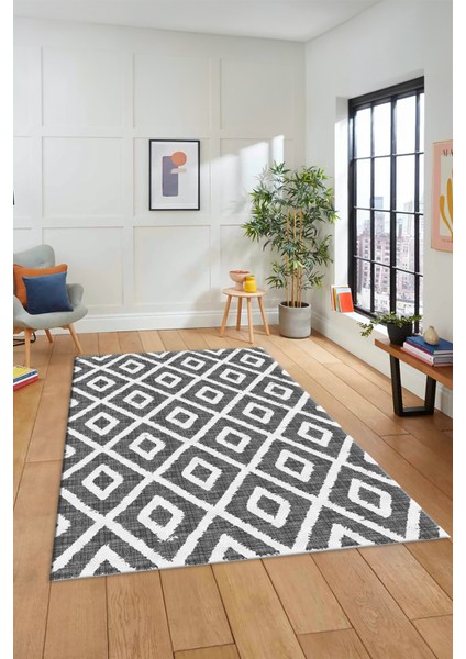 Sade Baklava Desen Motifli Kaymaz Taban Yıkanabilir Yolluk Salon Halısı, Sade-27-Gri,