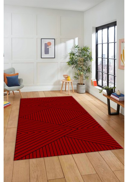 Dijital Baskılı Kaymaz Taban Yıkanabilir Çizgili Desen Yolluk Mutfak Salon Halısı Sade-08-Kırmızı