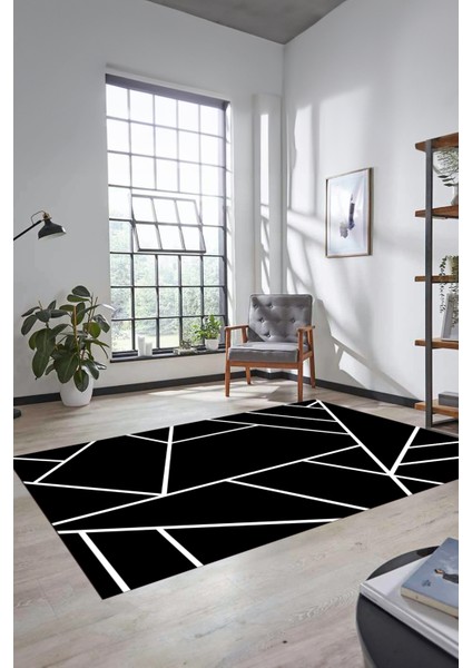 Dijital Baskı Kaymaz Yıkanabilir Sade Çizgili Yolluk Mutfak Koridor Salon Halısı, Sade-50-Siyah,
