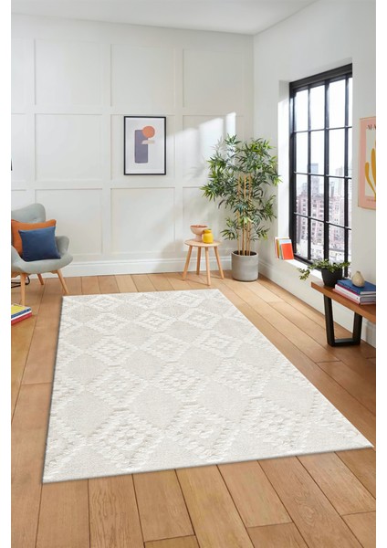 Dijital Kaymaz Taban Yıkanabilir Şık Kilim Desen Yolluk Mutfak Salon Halısı Sade-03-Krem