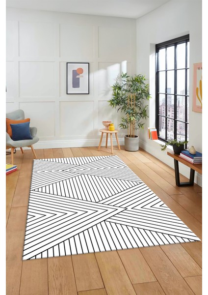 Dijital Baskılı Kaymaz Taban Yıkanabilir Çizgili Desen Yolluk Mutfak Salon Halısı, Sade-08-Beyaz,