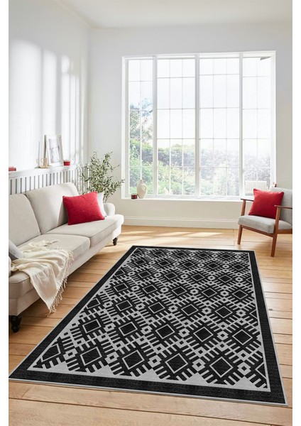 Kilim Desenli Dijital Kaymaz Yıkanabilir Sade Yolluk Mutfak Koridor Salon Halısı, Sade-19-Siyah,