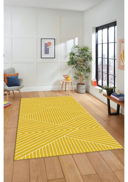 Dijital Baskılı Kaymaz Taban Yıkanabilir Çizgili Desen Yolluk Mutfak Salon Halısı, Sade-08-Sarı,