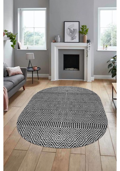Baskılı Kaymaz Taban Yıkanabilir Sade Desen Oval Yolluk Mutfak Salon Halısı, O-Sade-18-Gri,