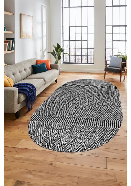 Baskılı Kaymaz Taban Yıkanabilir Sade Desen Oval Yolluk Mutfak Salon Halısı, O-Sade-18-Gri,