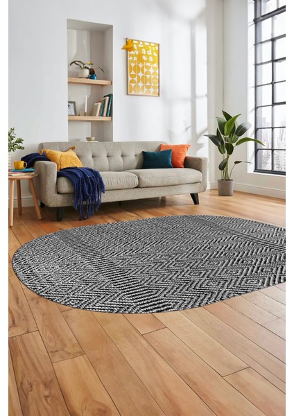 Baskılı Kaymaz Taban Yıkanabilir Sade Desen Oval Yolluk Mutfak Salon Halısı, O-Sade-18-Gri,