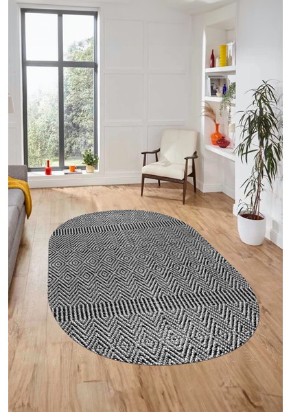 Baskılı Kaymaz Taban Yıkanabilir Sade Desen Oval Yolluk Mutfak Salon Halısı, O-Sade-18-Gri,