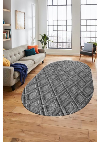 Sade Baklava Desen Motifli Kaymaz Taban Yıkanabilir Oval Yolluk Salon Halısı, O-Sade-28-Gri,