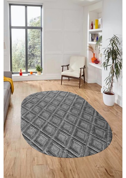 Sade Baklava Desen Motifli Kaymaz Taban Yıkanabilir Oval Yolluk Salon Halısı, O-Sade-28-Gri,