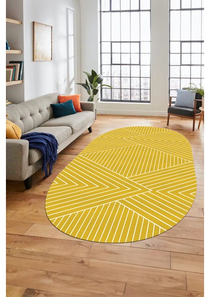 Baskılı Kaymaz Taban Yıkanabilir Çizgili Desen Oval Yolluk Mutfak Salon Halısı, O-Sade-08-Sarı, indirimleri
