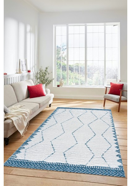 Dijital Kaymaz Taban Yıkanabilir Sade Kilim Desen Yolluk Mutfak Salon Halısı, Sade-17-Mavi,
