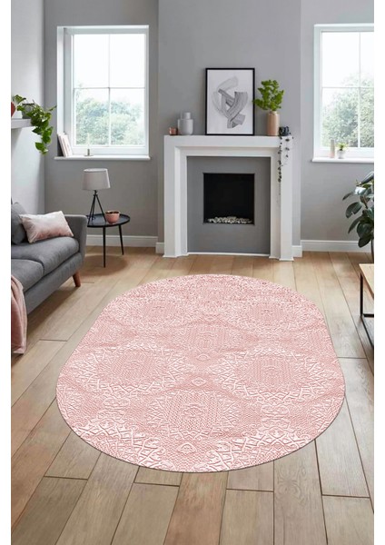Baskılı Kaymaz Taban Yıkanabilir Sade Düz Renk Oval Yolluk Mutfak Salon Halısı, O-Sade-15-Pembe,
