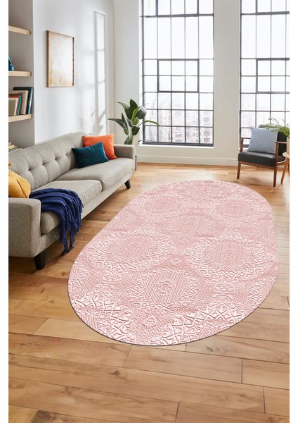 Baskılı Kaymaz Taban Yıkanabilir Sade Düz Renk Oval Yolluk Mutfak Salon Halısı, O-Sade-15-Pembe, modelleri