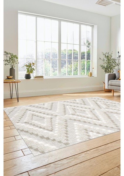 Düz Renk Sade Kilim Motifli Dijital Kaymaz Taban Yıkanabilir Yolluk Salon Halısı Sade-33-Krem