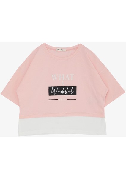 Kız Çocuk Crop Tişört Yanları Yırtmaçlı Yazı Baskılı 9-14 Yaş, Pembe fırsatları