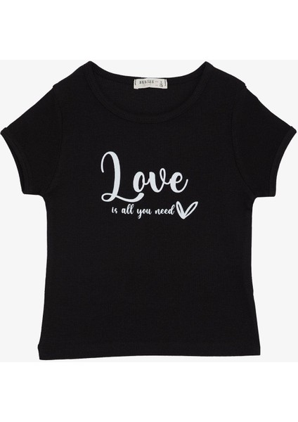 Kız Çocuk Tişört Kemer Boy Yazı Baskılı 8-14 Yaş, Siyah
