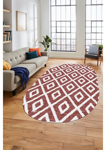 Sade Baklava Desen Motifli Kaymaz Taban Yıkanabilir Oval Yolluk Salon Halısı, O-Sade-27-Bordo,