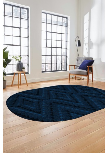 Düz Renk Sade Kilim Motifli Dijital Kaymaz Taban Yıkanabilir Oval Salon Halısı, O-Sade-33-Mavi, indirimleri