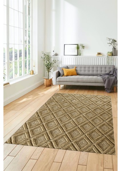 Sade Baklava Desen Motifli Kaymaz Taban Yıkanabilir Yolluk Salon Halısı, Sade-28-Kahve,