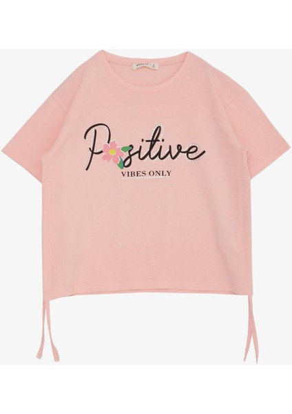 Kız Çocuk Tişört Kemer Boy Yazı Baskılı Taşlı Çiçekli 8-14 Yaş, Somon