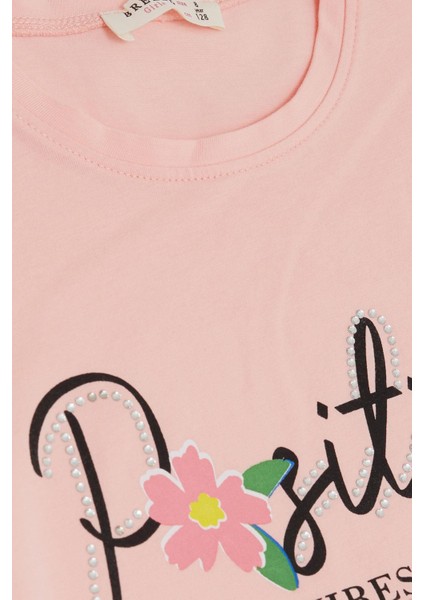 Kız Çocuk Tişört Kemer Boy Yazı Baskılı Taşlı Çiçekli 8-14 Yaş, Somon modelleri