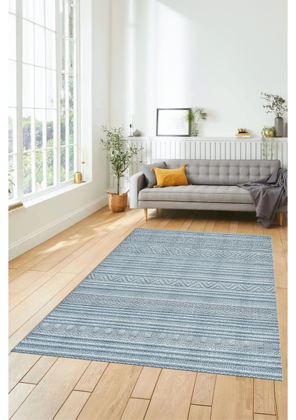 Kilim Desenli Sade Motifli Kaymaz Taban Yıkanabilir Yolluk Salon Halısı, Sade-30-Mavi,