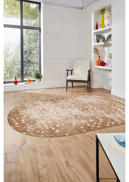 Dijital Baskı Kaymaz Yıkanabilir Sade 3D Oval Yolluk Koridor Salon Halısı, O-Sade-48-Kahve,