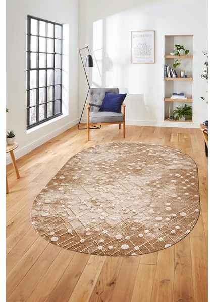 Dijital Baskı Kaymaz Yıkanabilir Sade 3D Oval Yolluk Koridor Salon Halısı, O-Sade-48-Kahve,