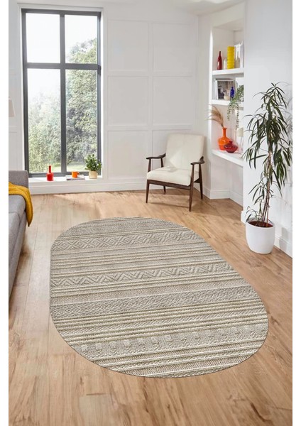 Kilim Desenli Sade Motifli Kaymaz Taban Yıkanabilir Oval Yolluk Salon Halısı, O-Sade-30-Bej,