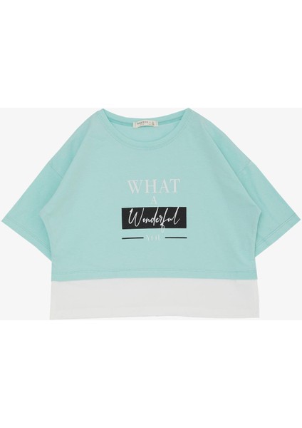 Kız Çocuk Crop Tişört Yanları Yırtmaçlı Yazı Baskılı 9-14 Yaş, Su Yeşili