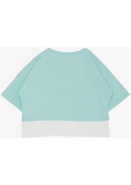 Kız Çocuk Crop Tişört Yanları Yırtmaçlı Yazı Baskılı 9-14 Yaş, Su Yeşili fiyatları