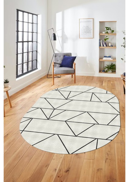 Baskılı Kaymaz Taban Yıkanabilir Çizgili Desen Oval Yolluk Mutfak Salon Halısı, O-Sade-06-Krem,